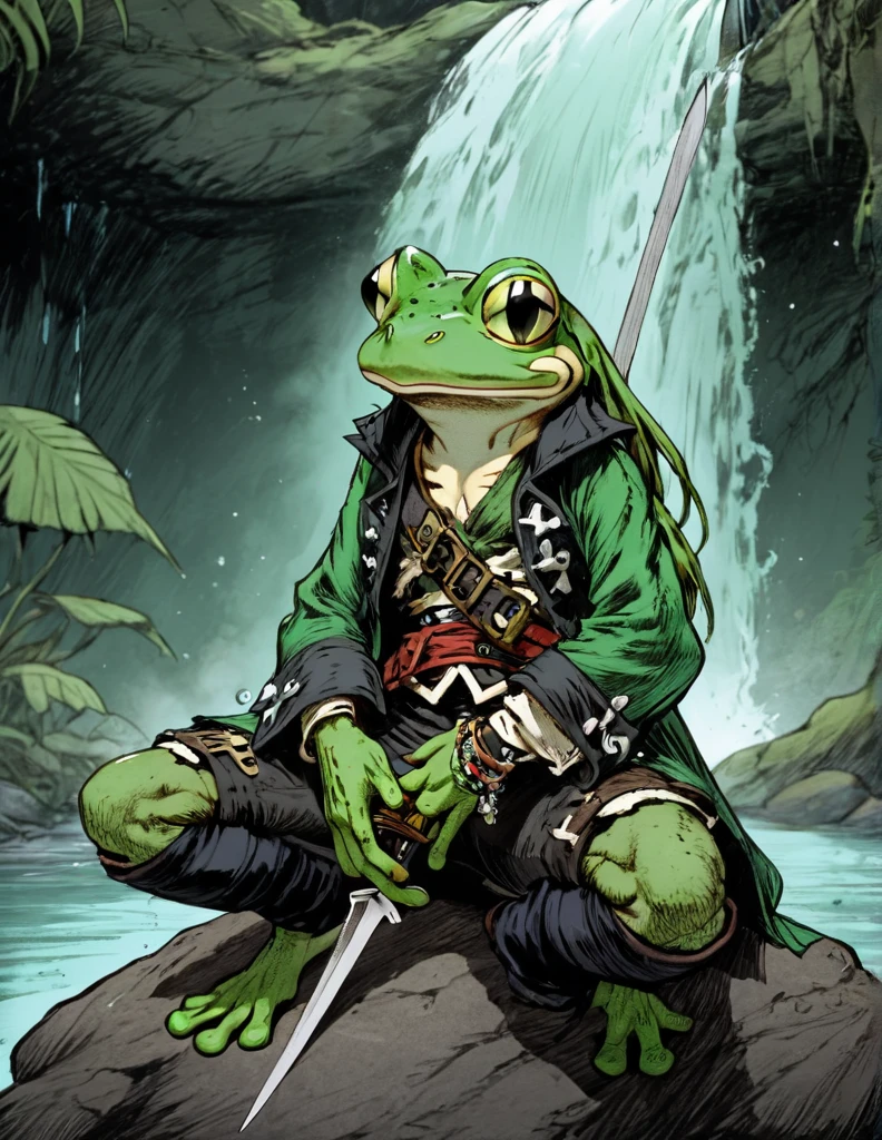 (sketch art, concept art:1.4),(masterpiece rough sketch drawing), best quality, solo closeup, meditating frog rogue, green skin, green eyes, dark outfit, sword ( pirate Style), high contrast, space theme, grunge, punk rock, waterfall
