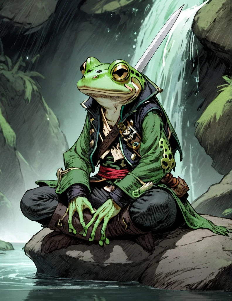 (sketch art, concept art:1.4),(masterpiece rough sketch drawing), best quality, solo closeup, meditating frog rogue, green skin, green eyes, dark outfit, sword ( pirate Style), high contrast, space theme, grunge, punk rock, waterfall