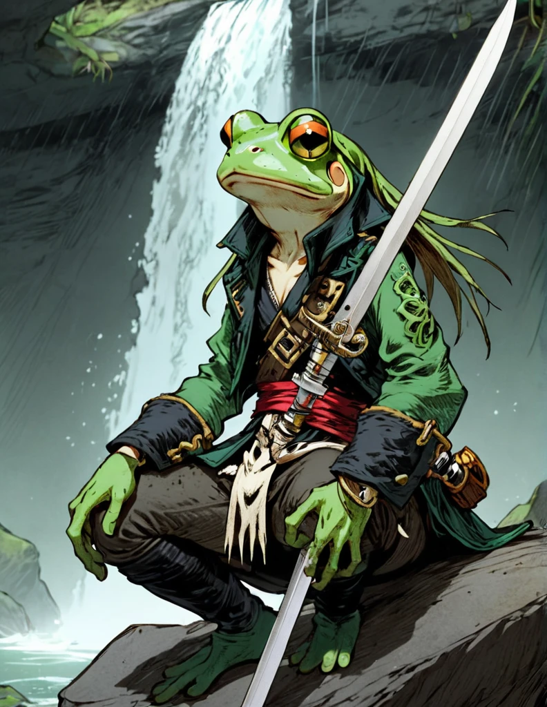 (sketch art, concept art:1.4),(masterpiece rough sketch drawing), best quality, solo closeup, meditating frog rogue, green skin, green eyes, dark outfit, sword ( pirate Style), high contrast, space theme, grunge, punk rock, waterfall
