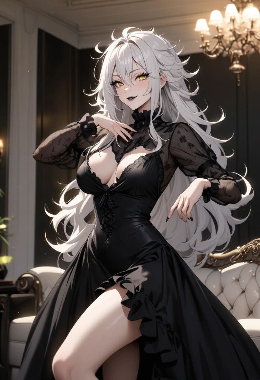 Mature woman, perfect eyes, long white hair, messy hair, yellow eyes, normal breasts, black gothic dress, sexy woman, elegant woman, tall woman, black eyeliner, puff dress, ruffles and laces, black lipstick, sexy pose, in the living room, sexy smile, beautiful.