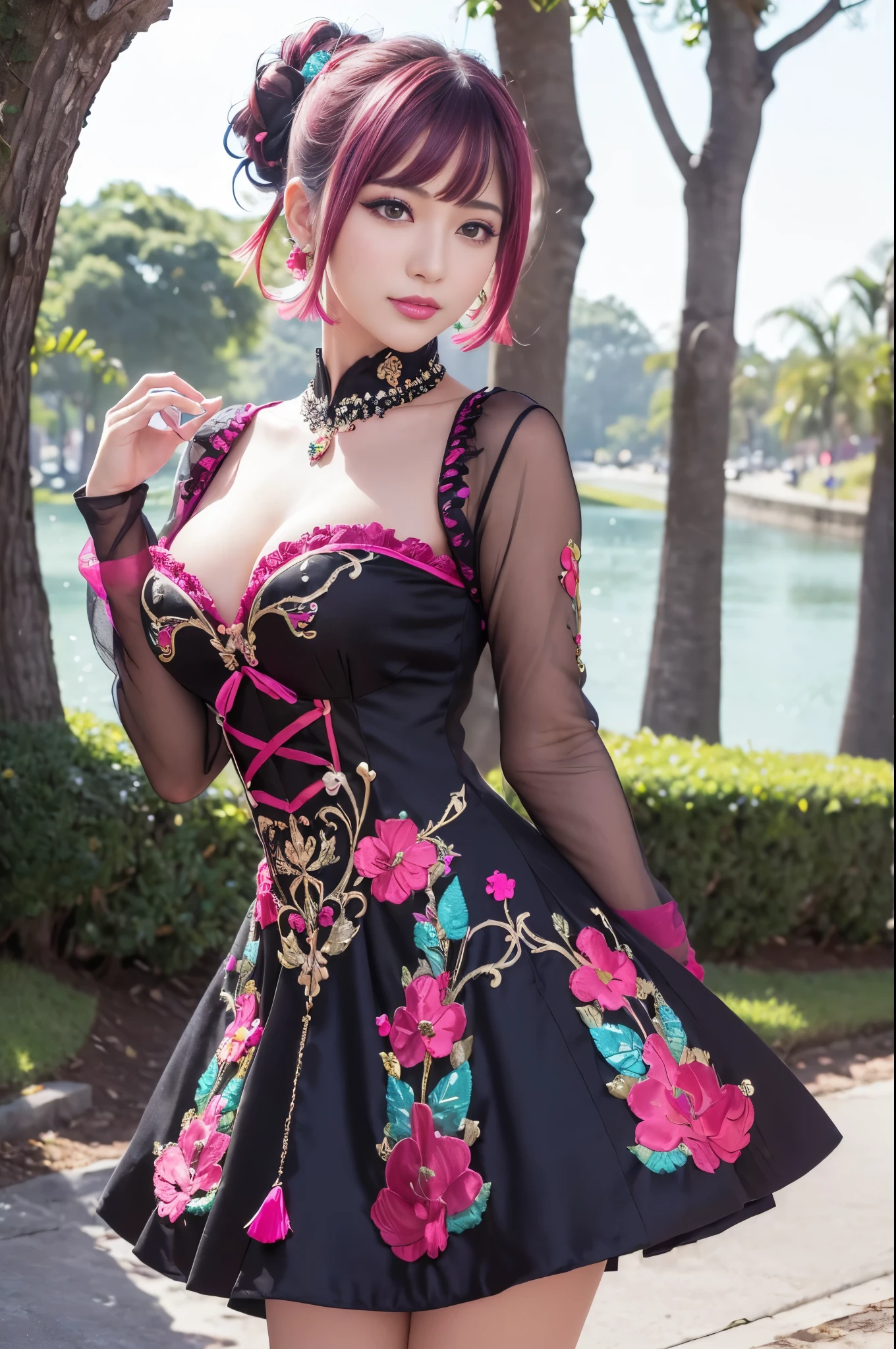 (masterpiece:1.4), (best quality:1.4), ultra high res, ultra high resolution, ((detailed facial features)), HDR, (realistic, photorealistic, photo-realistic:1.37), full body Esbian, sexy Vietnamese model, (-anime), vivid colors, ((vivid colors multicolor (red, fuchsia) very short hair)), (happy smile), lip-gloss, long lashes, beautiful makeup, defined eyebrows, wearing large sparkling colorful jewelery, wearing a red silk Paradise Kiss cosplay dress with black floral embroidery, ((vivid colors outfit)), vivid colors, look at the camera, cinematic light, large park background with trees, sweet and sexy pose