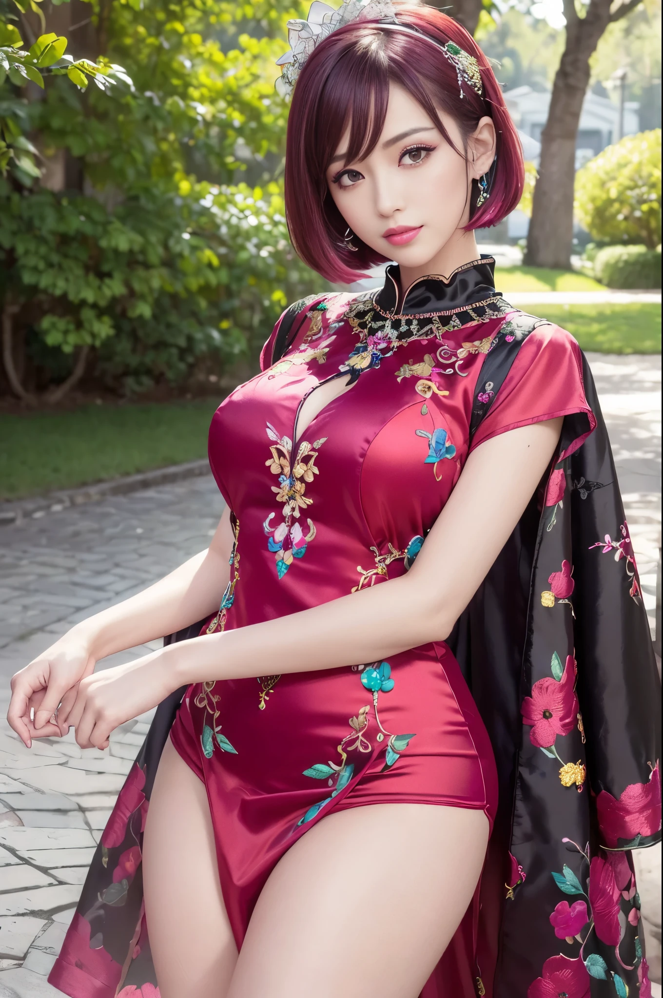 (masterpiece:1.4), (best quality:1.4), ultra high res, ultra high resolution, ((detailed facial features)), HDR, (realistic, photorealistic, photo-realistic:1.37), full body Esbian, sexy Vietnamese model, (-anime), vivid colors, ((vivid colors multicolor (red, fuchsia) very short hair)), (happy smile), lip-gloss, long lashes, beautiful makeup, defined eyebrows, wearing large sparkling colorful jewelery, wearing a red silk Paradise Kiss cosplay dress with black floral embroidery, ((vivid colors outfit)), vivid colors, look at the camera, cinematic light, large park background with trees, sweet and sexy pose