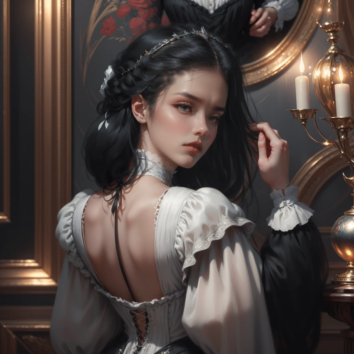 { - anatomy error}(Masterpiece - Ultra-detailed, very high resolution) Prepare to be enchanted by a true masterpiece that combines ultra-detailed art with high-resolution rendering. This work depicts a mesmerizing woman with long black hair (1.3) and captivating gray eyes (1.2), emanating an aura of elegance and mystery in Victorian environments. Intricate details and realistic textures invite you to explore every aspect of this enchanting composition.. Woman wearing a beautiful classic Victorian costume from the year 1878. Red lips. happy face. smiling. offwhite (offwhite) don., Back, olhando Back, dynamic poses. Get ready to dive into a world where beauty and craftsmanship merge perfectly.