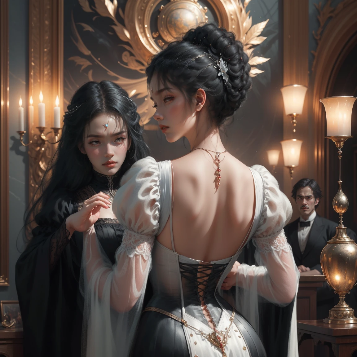 { - anatomy error}(Masterpiece - Ultra-detailed, very high resolution) Prepare to be enchanted by a true masterpiece that combines ultra-detailed art with high-resolution rendering. This work depicts a mesmerizing woman with long black hair (1.3) and captivating gray eyes (1.2), emanating an aura of elegance and mystery in Victorian environments. Intricate details and realistic textures invite you to explore every aspect of this enchanting composition.. Woman wearing a beautiful classic Victorian costume from the year 1878. Red lips. happy face. smiling. offwhite (offwhite) don., Back, olhando Back, dynamic poses. Get ready to dive into a world where beauty and craftsmanship merge perfectly.
