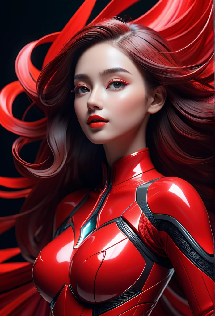  "Imagine a stunning and immersive 4D figure in UHD style, which stands out for its visual component, demonstration of the possibilities of bright red design. What are some key elements, which will set it apart from others?, and how can I combine them, to create a truly outstanding piece of work by a beautiful woman?