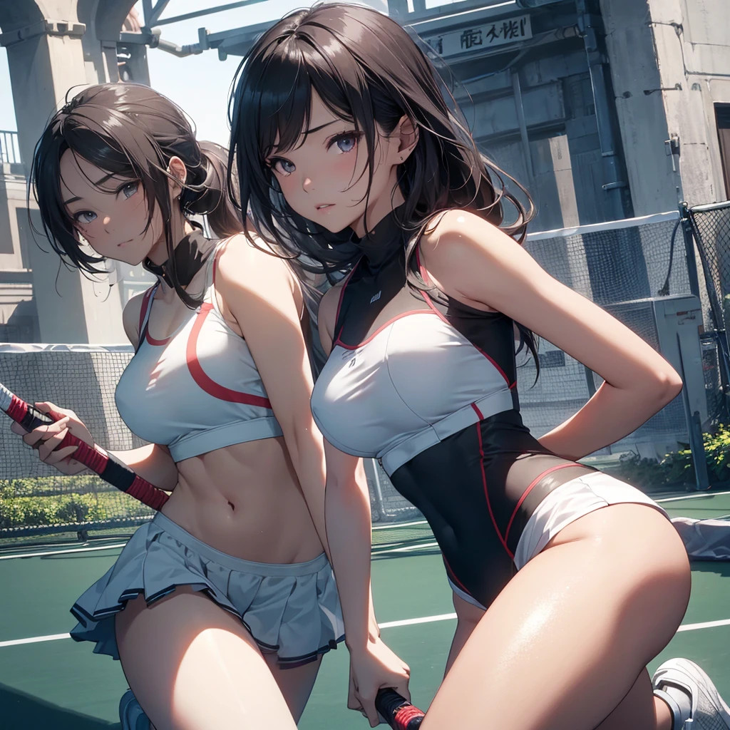 NSFW, (4+girls:1.5), (alternate athlete swimsuit pool), tanned skin, dark tanned skin, oil, abs:1.4, line up, girls playing beach volley, beach volley ball, net, masterpiece, top quality, ultra high definition, highest resolution, very detailed, professional lighting, clean skin, CG illustration, slender, very cute, young face, cleavage, lower breast, wet body, (breasts out:1.4), black hair, very short hair, semi-long hair, hair ribbon, blue eyes, blush, navel, from below, wet body, (breasts out: 1.4), (plastic bag 1.2), transparent swimsuit, beach, (wind: 1.3), girls playing behind, showing ass