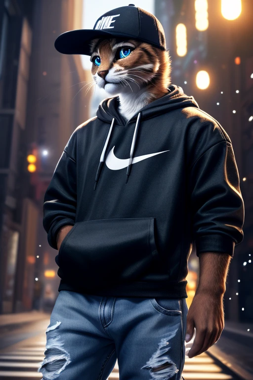 (Highest quality、masterpiece、8k))、Anatomically correct、Very detailed、High resolution、Realistic、((Beautiful, sparkling, detailed eyes))、Intricate details、Cinematic lighting、((Dynamic composition))、Kitten in a black and white hoodie、Nike Caps、hip hop、Distressed jeans、4 heads、congestion