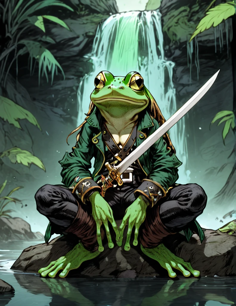 (sketch art, concept art:1.4),(masterpiece rough sketch drawing), best quality, solo closeup, meditating frog rogue, green skin, green eyes, dark outfit, sword (pirate Style), high contrast, space theme, grunge, punk rock, waterfall