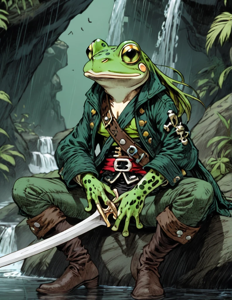 (sketch art, concept art:1.4),(masterpiece rough sketch drawing), best quality, solo closeup, meditating frog rogue, green skin, green eyes, dark outfit, sword ( pirate Style), high contrast, space theme, grunge, punk rock, waterfall