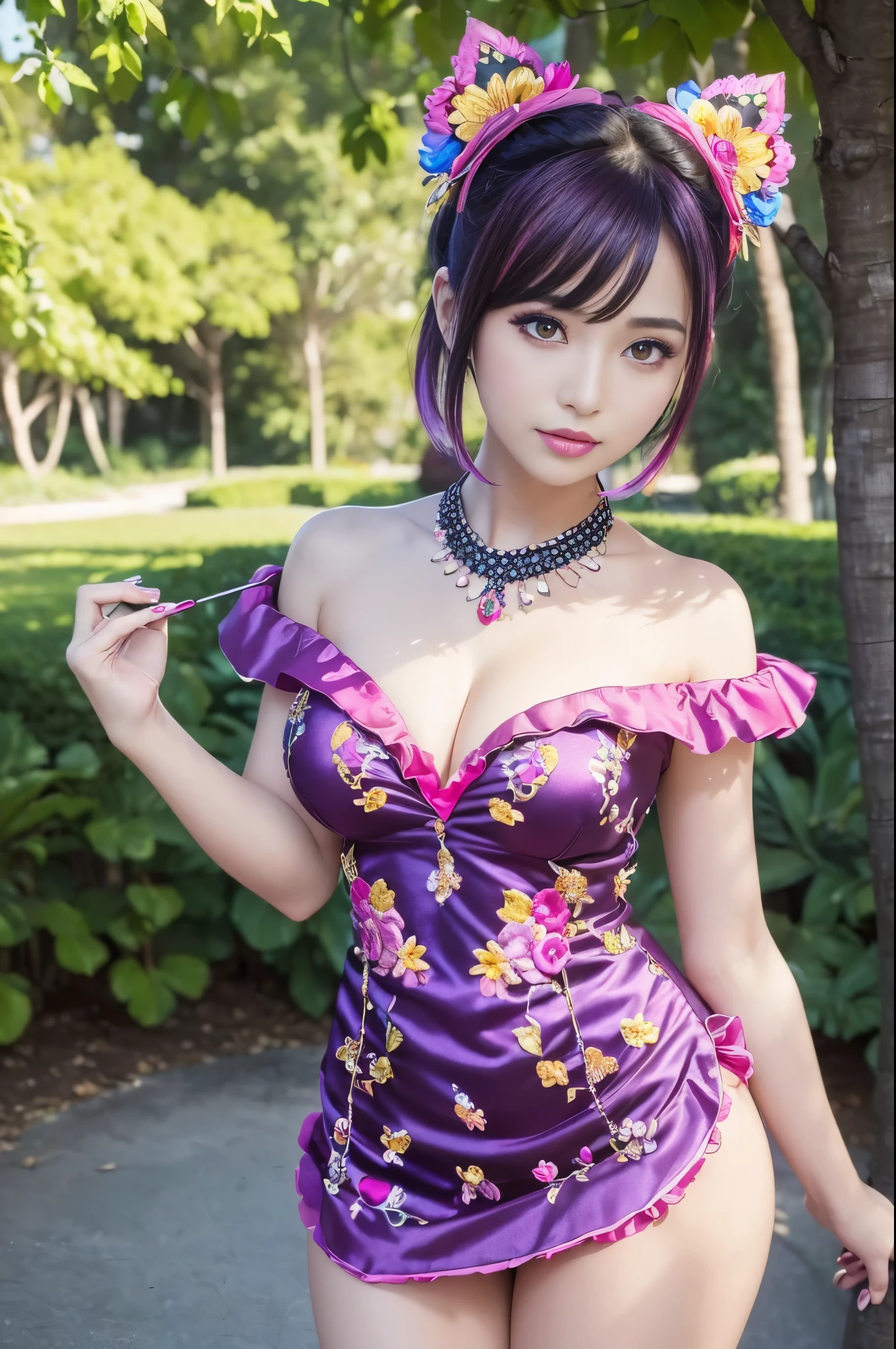 (masterpiece:1.4), (best quality:1.4), ultra high res, ultra high resolution, ((detailed facial features)), HDR, (realistic, photorealistic, photo-realistic:1.37), full body Esbian, sexy Indonesian model, (-anime), only 1 model, vivid colors, ((vivid colors multicolor (fuchsia, pink, light blue, purple) very short hair)), (happy smile), lip-gloss, long lashes, beautiful makeup, defined eyebrows, wearing large sparkling colorful jewelery, wearing a red silk Paradise Kiss cosplay dress with black floral embroidery, ((vivid colors outfit)), vivid colors, look at the camera, cinematic light, large park background with trees, sweet and sexy pose