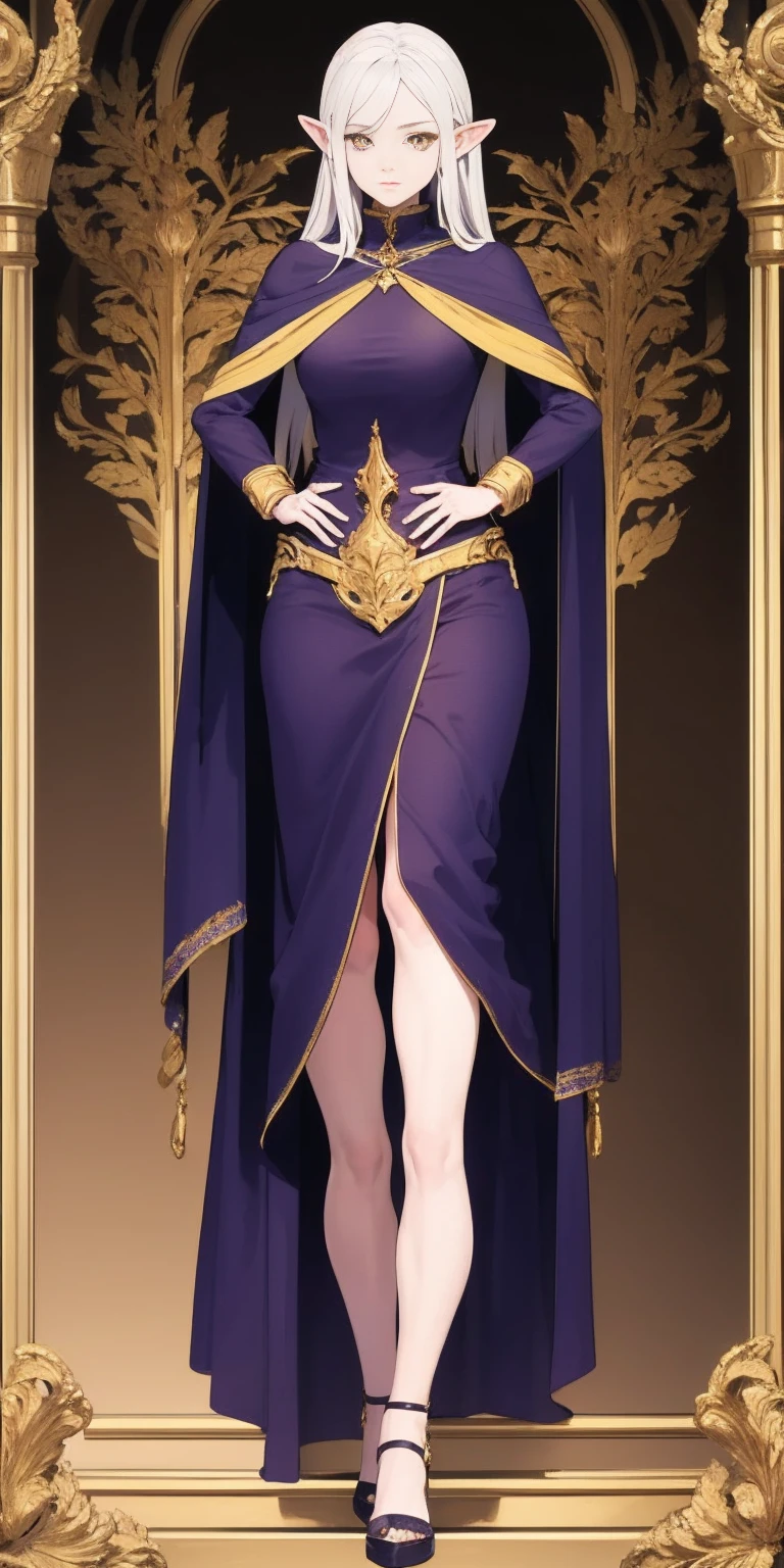 masterpiece, best quality, high quality, elf, long hair, pale hair, yellow eyes, purple skin, deep blue cape with golden ornaments (1solofemale full body standing straight symmetrical, hands on hips) slave with stocks