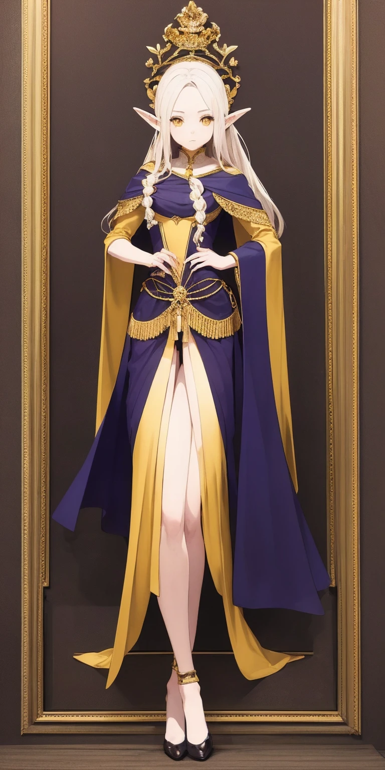 masterpiece, best quality, high quality, elf, long hair, pale hair, yellow eyes, purple skin, deep blue cape with golden ornaments (1solofemale full body standing straight symmetrical, hands on hips) slave with stocks