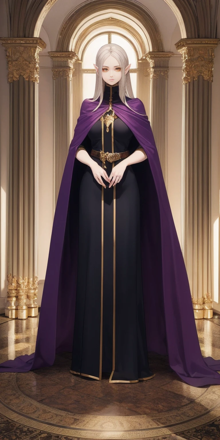 masterpiece, best quality, high quality, elf, long hair, pale hair, yellow eyes, purple skin, deep blue cape with golden ornaments (1solofemale full body standing straight symmetrical, hands on hips) slave with stocks