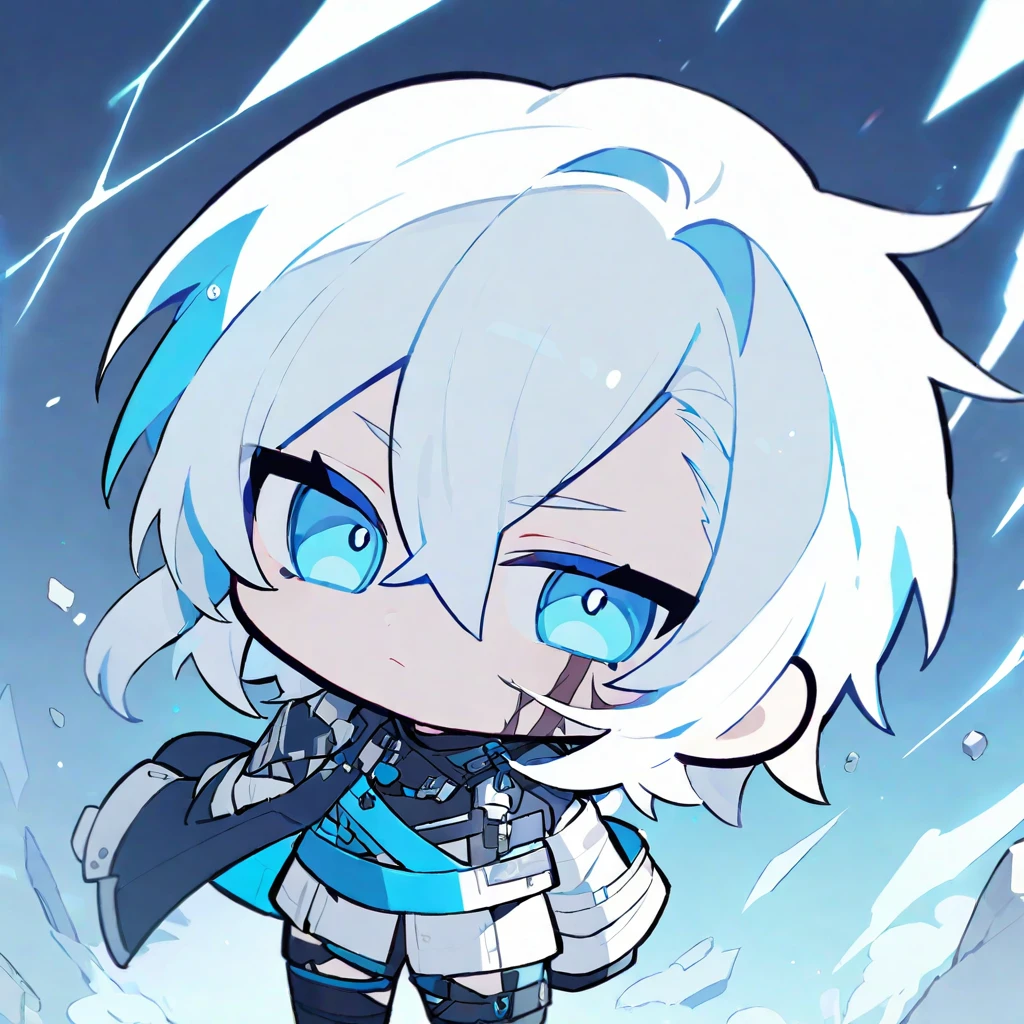 chibi character. Boy. White hair. Scars. Blue colours. 