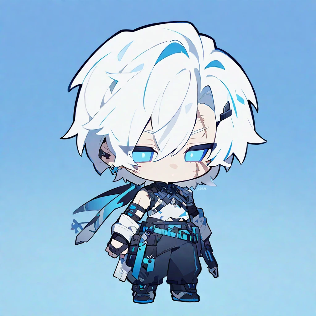 chibi character. Boy. White hair. Scars. Blue colours. 