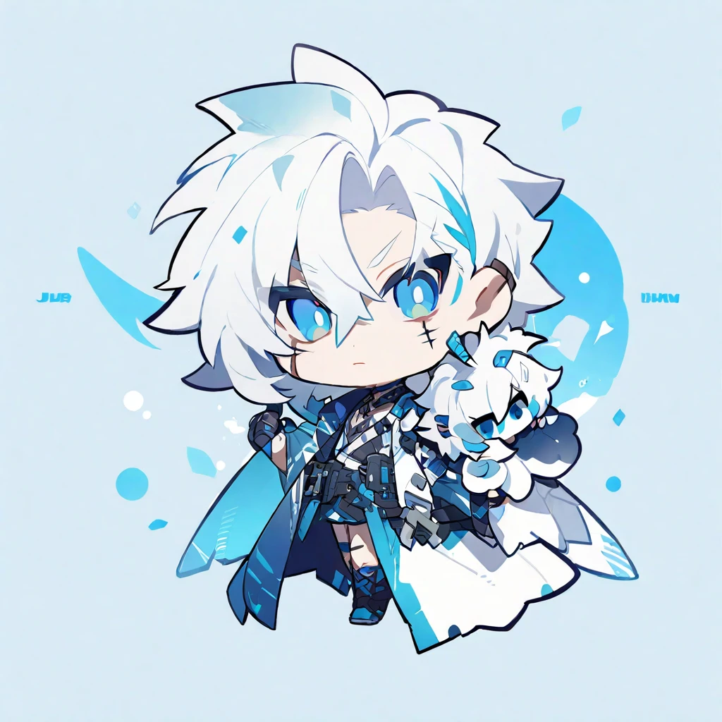 chibi character. Boy. White hair. Scars. Blue colours. 