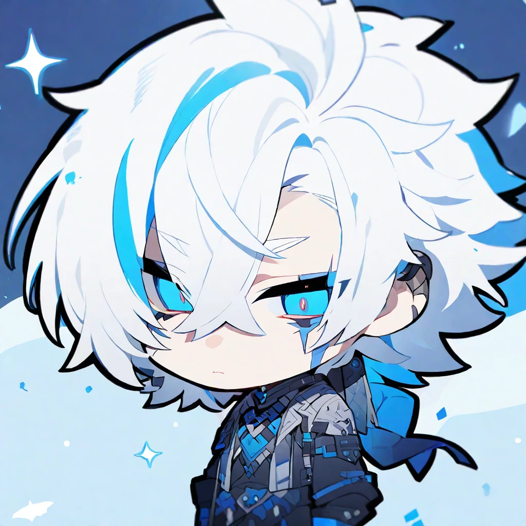 chibi character. Boy. White hair. Scars. Blue colours. 