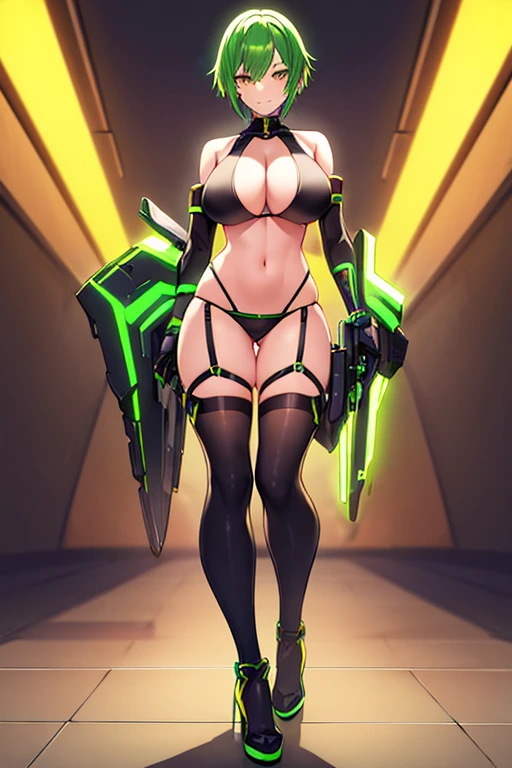 1girl, green hair, very short hair, yellow eyes, futuristic, science-fiction, neon lights, neon trim, black bikini, highleg, highleg bikini, smile, light smile, gloves, machinery, tech, green trim, thighhighs, large breasts, full body, ((full body)), standing, high heels, black thighhighs, hourglass figure, milf, mature female