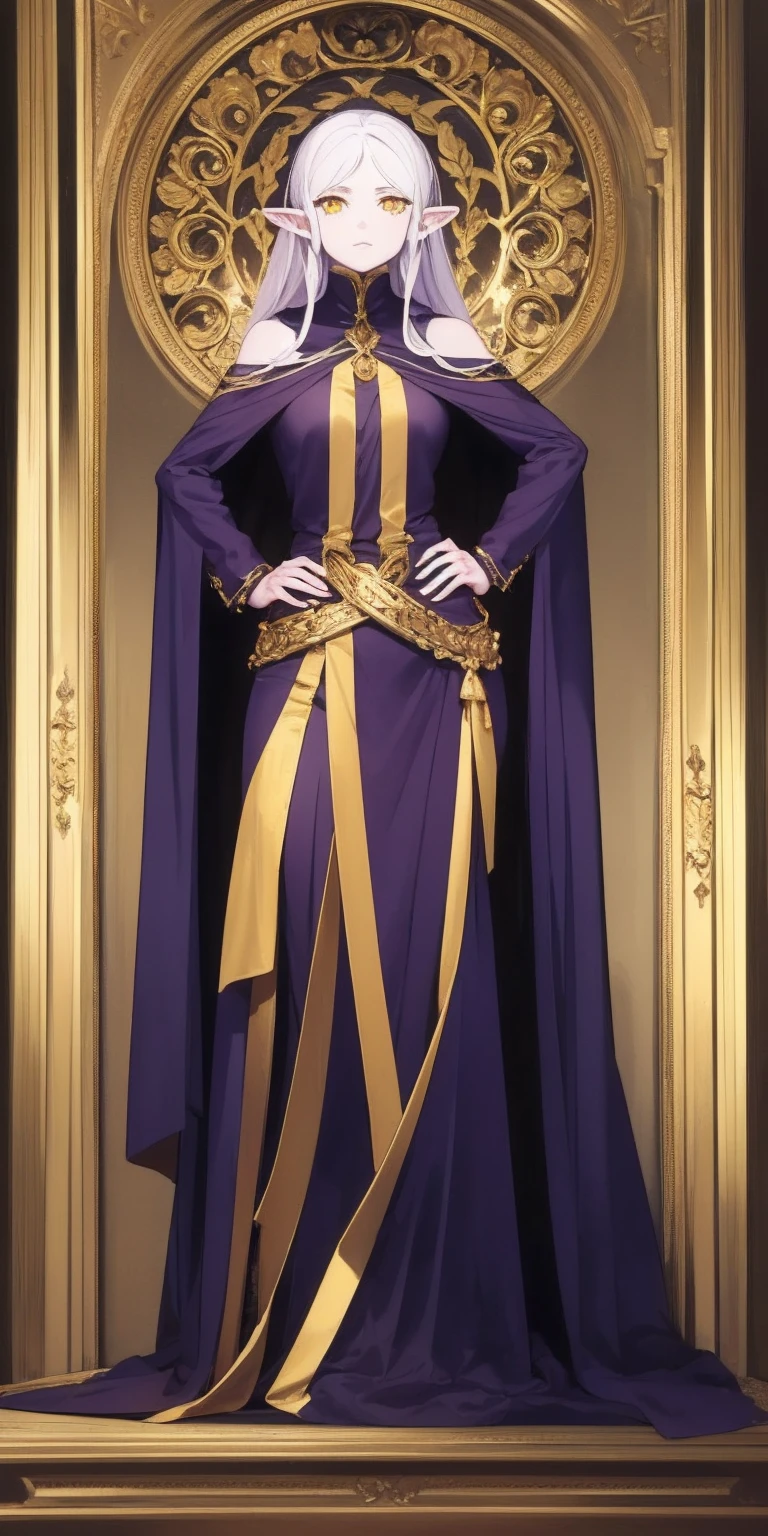 masterpiece, best quality, high quality, elf, long hair, pale hair, yellow eyes, purple skin, deep blue cape with golden ornaments (1solofemale full body standing straight symmetrical, hands on hips) slave with stocks