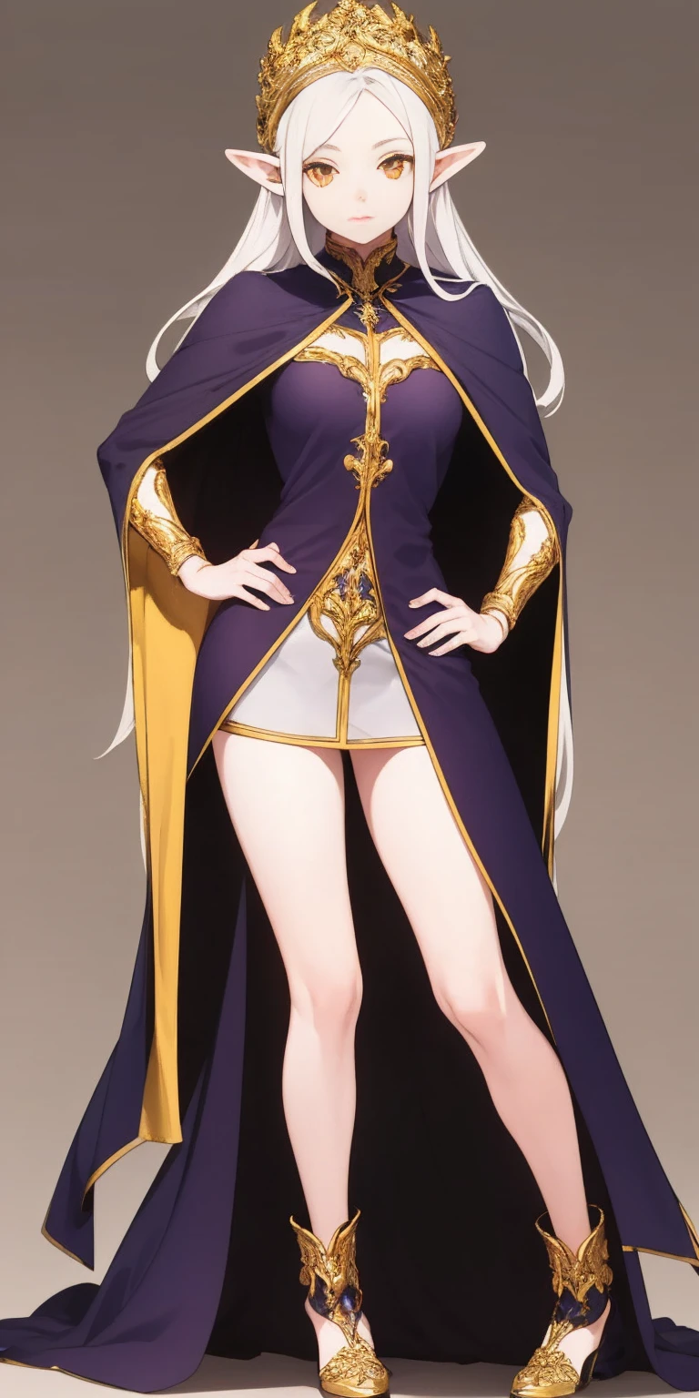 masterpiece, best quality, high quality, elf, long hair, pale hair, yellow eyes, purple skin, deep blue cape with golden ornaments (1solofemale full body standing straight symmetrical, hands on hips) slave with stocks