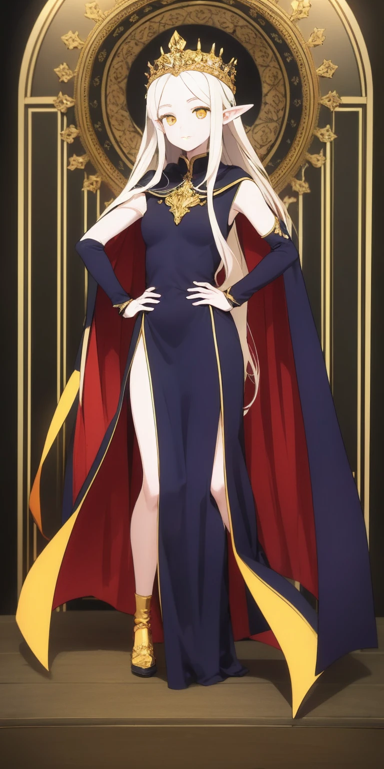 masterpiece, best quality, high quality, elf, long hair, pale hair, yellow eyes, purple skin, deep blue cape with golden ornaments (1solofemale full body standing straight symmetrical, hands on hips) slave with stocks
