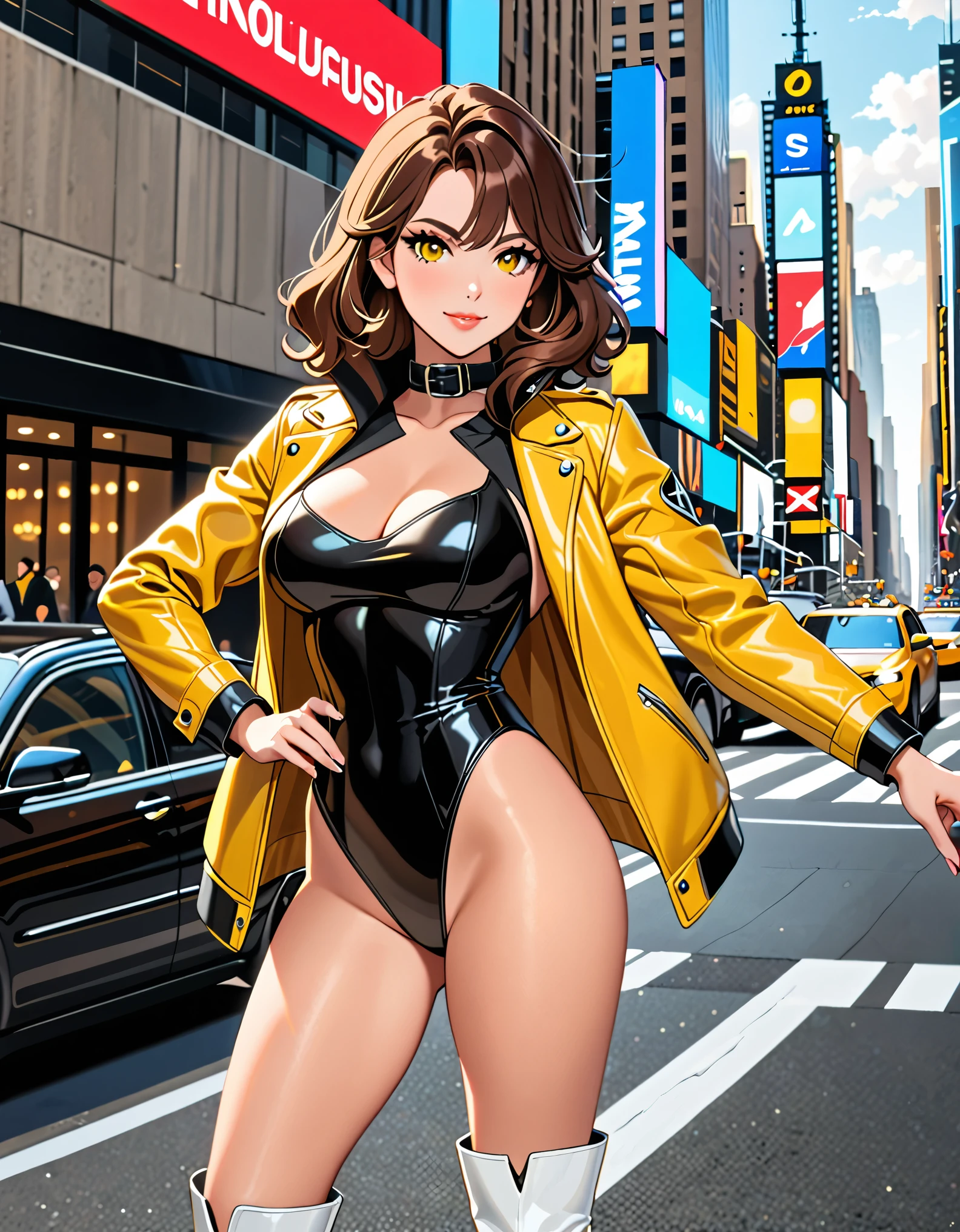 (masterpiece), (best quality), (high res), 1lady, beautiful detailed eyes, beautiful detailed face, perfect hands, complete fingers, perfect anatomy, perfect proportions, (april o'neil), ((leotard, black leotard, matching leotard)), ((black dress collar, open collar)), ((bare legs)), ((boots, matching boots, ankle-high boots, white boots)), breasts, medium breasts, (full body portrait), looking at viewer, (solo, solo focus), standing, one hand on hip, cowboy shot, new york backdrop, ((yellow leather jacket, open jacket)), full body costume design. sfw.