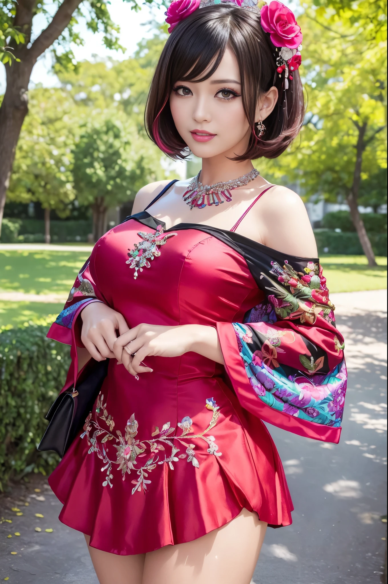 (masterpiece:1.4), (best quality:1.4), ultra high res, ultra high resolution, ((detailed facial features)), HDR, (realistic, photorealistic, photo-realistic:1.37), full body Esbian, sexy Vietnamese model, (-anime), vivid colors, ((vivid colors multicolor (red, fuchsia) very short hair)), (happy smile), lip-gloss, long lashes, beautiful makeup, defined eyebrows, wearing large sparkling colorful jewelery, wearing a red silk Paradise Kiss cosplay dress with black floral embroidery, ((vivid colors outfit)), vivid colors, look at the camera, cinematic light, large park background with trees, sweet and sexy pose
