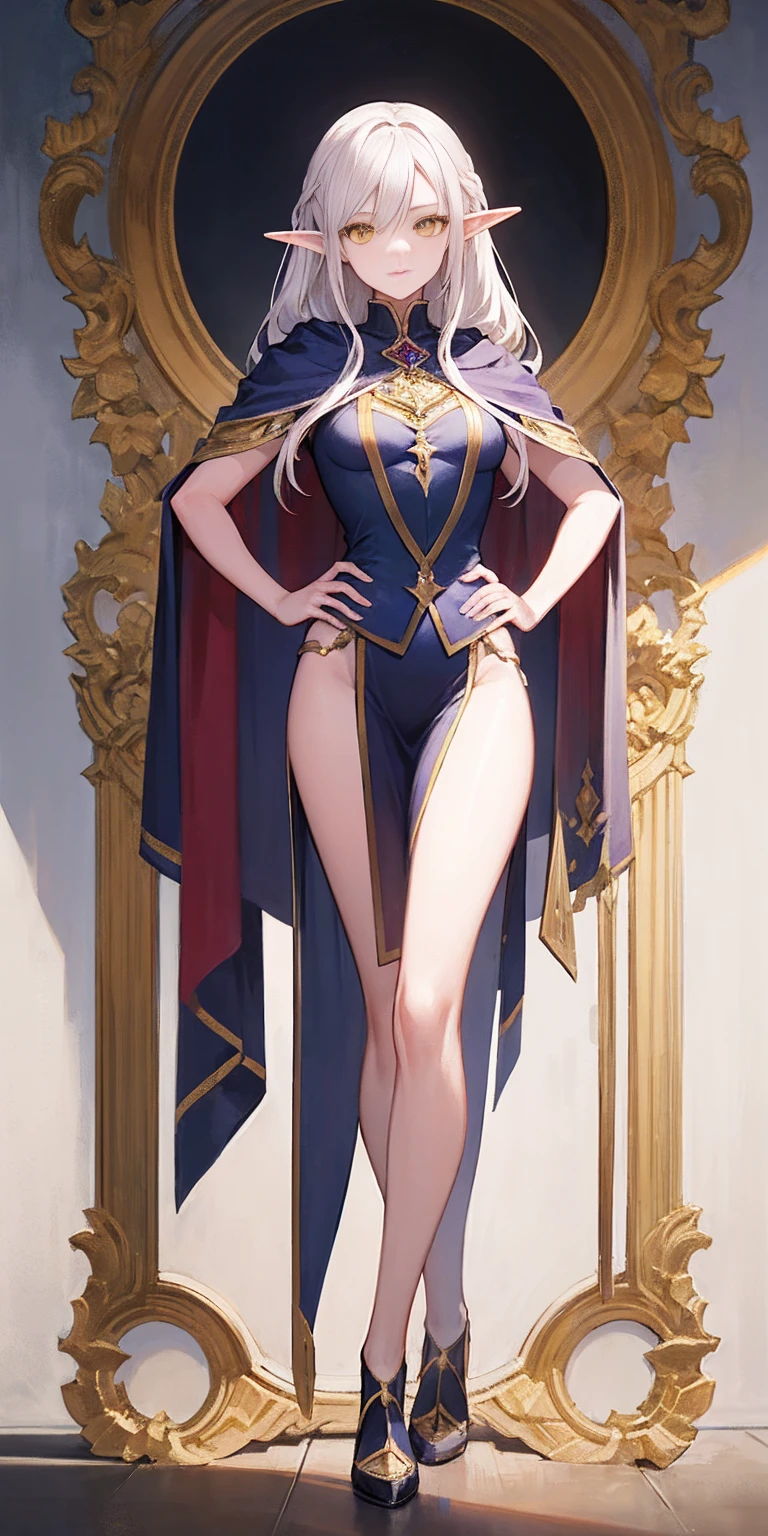 masterpiece, best quality, high quality, elf, long hair, pale hair, yellow eyes, purple skin, deep blue cape with golden ornaments (1solofemale full body standing straight symmetrical, hands on hips) slave with stocks