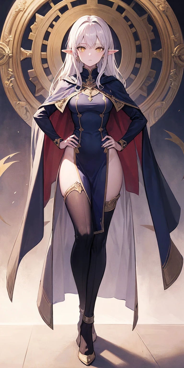 masterpiece, best quality, high quality, elf, long hair, pale hair, yellow eyes, purple skin, deep blue cape with golden ornaments (1solofemale full body standing straight symmetrical, hands on hips) slave with stocks
