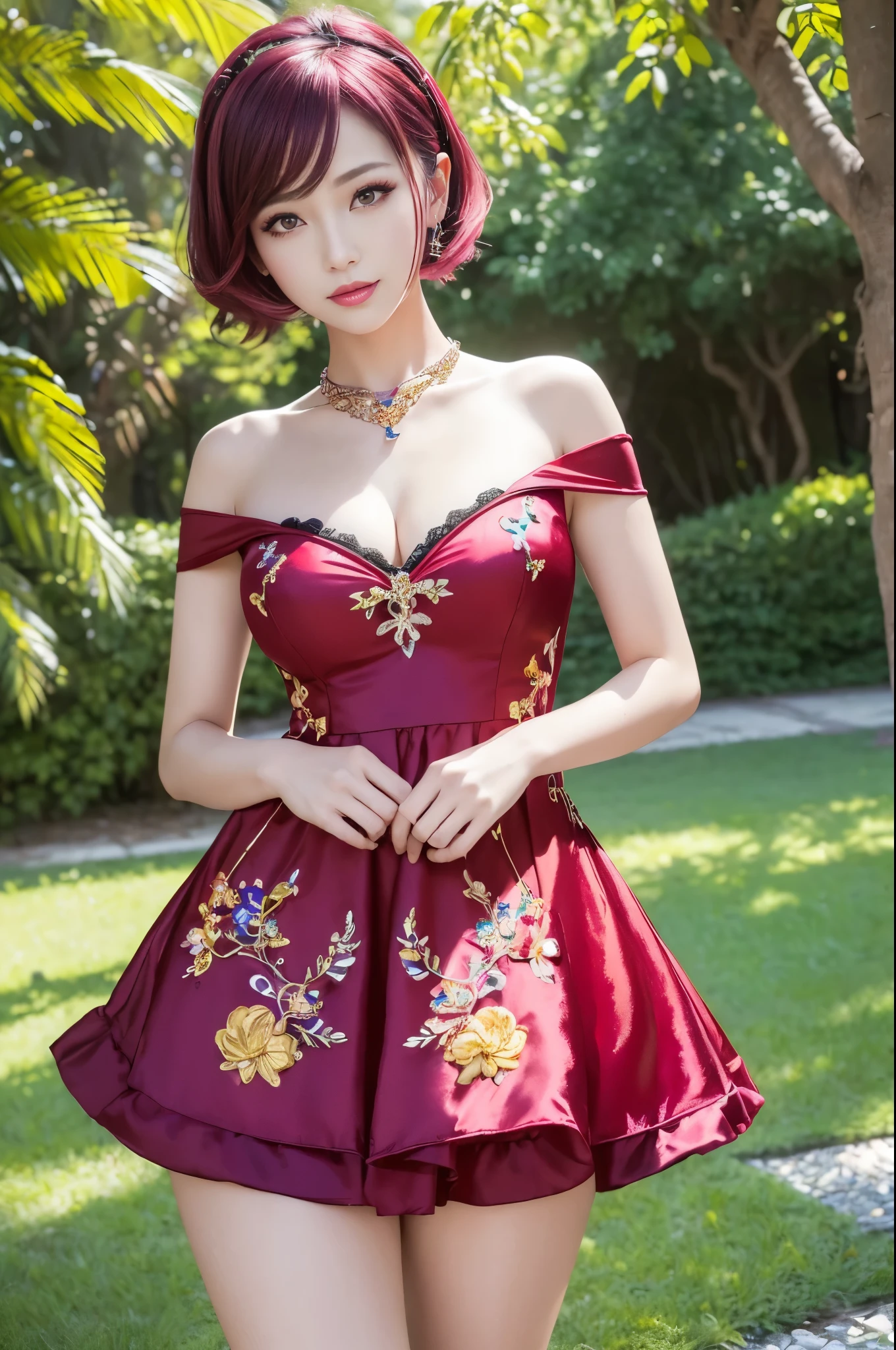 (masterpiece:1.4), (best quality:1.4), ultra high res, ultra high resolution, ((detailed facial features)), HDR, (realistic, photorealistic, photo-realistic:1.37), full body Esbian, sexy Vietnamese model, (-anime), vivid colors, ((vivid colors multicolor (red, fuchsia) very short hair)), (happy smile), lip-gloss, long lashes, beautiful makeup, defined eyebrows, wearing large sparkling colorful jewelery, wearing a red silk Paradise Kiss cosplay dress with black floral embroidery, ((vivid colors outfit)), vivid colors, look at the camera, cinematic light, large park background with trees, sweet and sexy pose