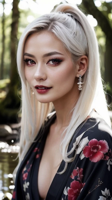 tiefling:1.2, alone, One girl, 高さ10インチのwhiteの角, Long Hair, whiteの髪, white colored skin, lips,、Fangs protruding from the mouth, Full body, jewelry, kimono, Blurred background, Realistic:1.3, Depth of written boundary, Forest stream, (Perfect body, Beautiful Face, eye shadow, Beautiful red eyes, Detailed face), (sexy, Fascinating), (photoRealistic:1.6), (Mature Adult:1.25) white colored skin (white_skin)