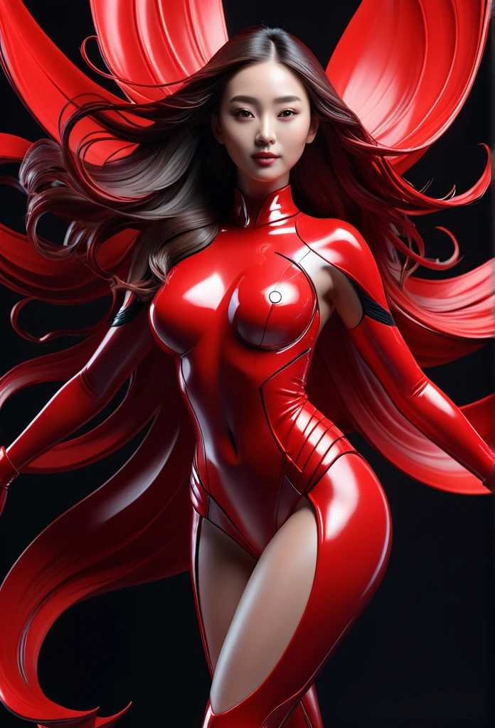 a digital painting of a beautiful attractive woman covered in made of liquid gel that wraps around the body. a hyperrealistic painting, figurative art, in red paint, red liquid, character is covered in liquid, fantasy art ,elegance pose, beautiful breasts, medium long shot, lighting clear and soft effect , white background