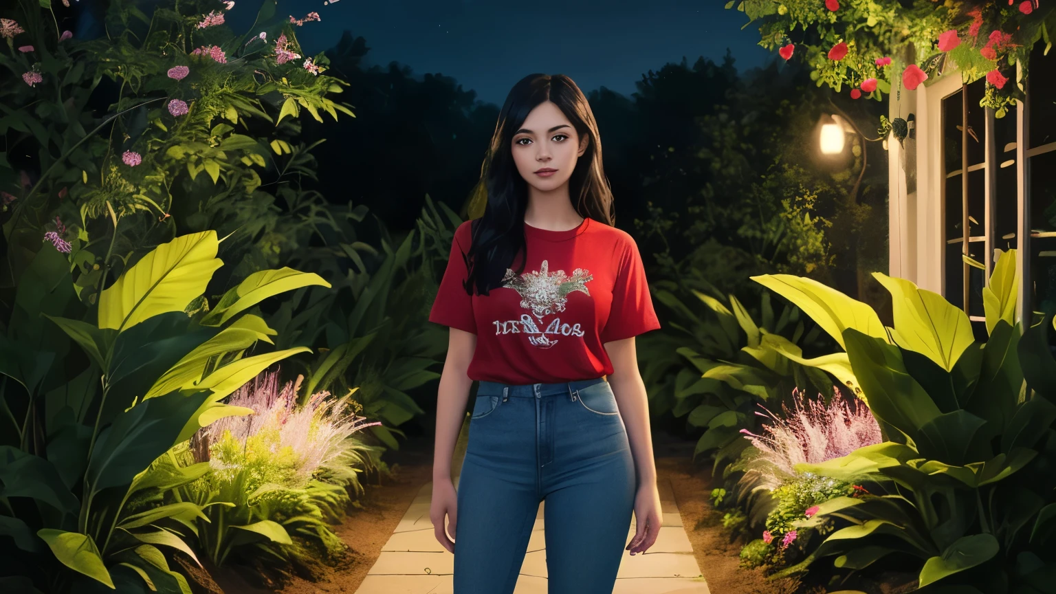 ((best quality)), ((masterpiece)), (detailed), A digital illustration of a long black haired young women standing in a garden at night, surrounded by glowing, magical plants. The girl is wearing a red t-shirt and blue jeans.