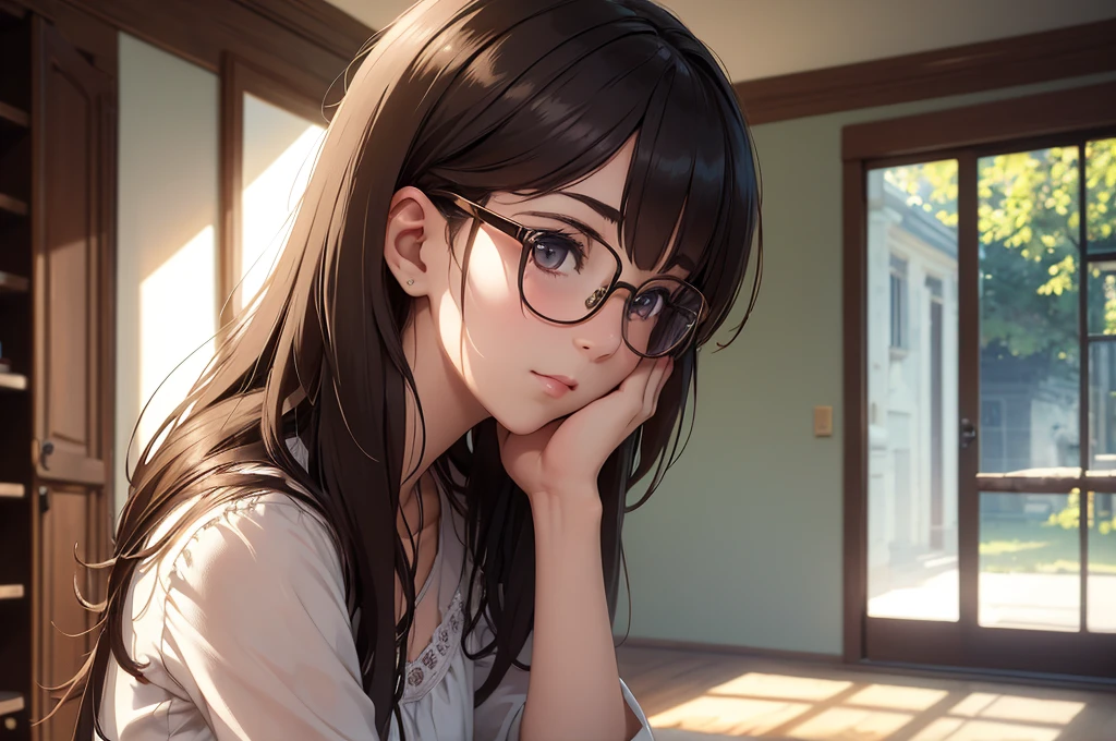 (best quality, masterpiece), 1girl, dappled sunlight, indoors, glasses, shy, 1 girl, young girl, (goosebumps:0.7), beautiful face, (eyeliner, lipstick:0.9), 4k, 8k, uhd, hdr, detailed background, background