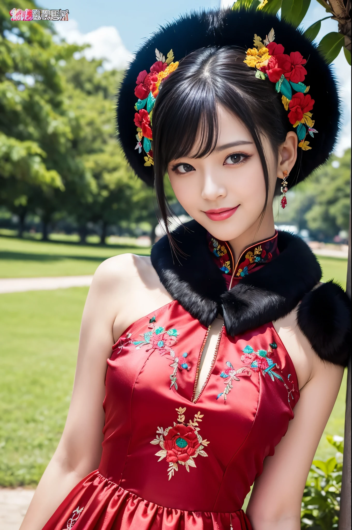 (masterpiece:1.4), (best quality:1.4), ultra high res, ultra high resolution, ((detailed facial features)), HDR, (realistic, photorealistic, photo-realistic:1.37), full body, sexy Vietnamese model, (-anime), only 1 model, vivid colors, very short hair, (beautiful smile), lip-gloss, long lashes, defined eyebrows, wearing large sparkling colorful jewelery, wearing a red silk Paradise Kiss cosplay dress with black floral embroidery, ((long fur vivid colors outfit)), vivid colors, look at the camera, cinematic light, large park background with trees, sweet and sexy pose