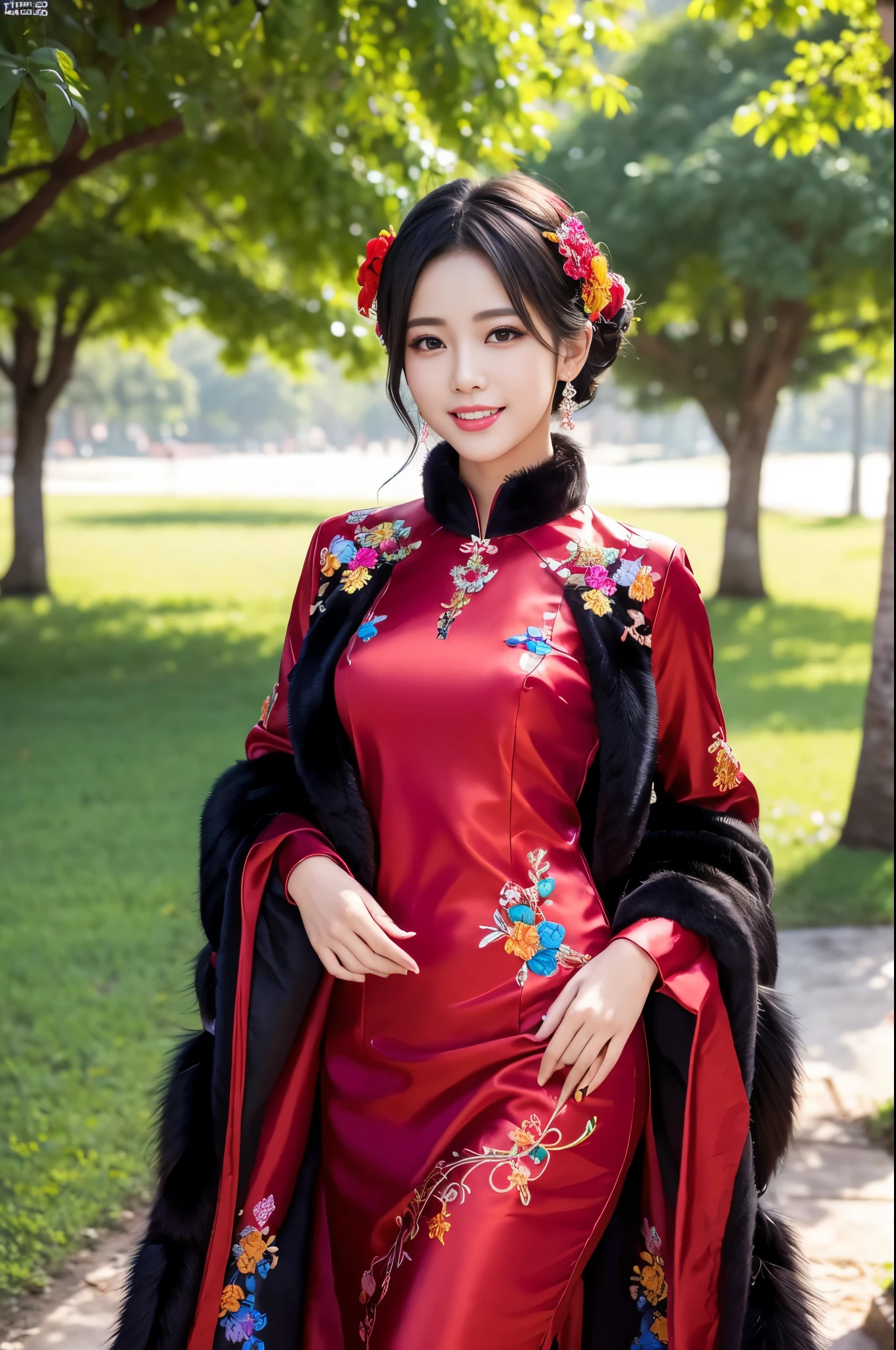 (masterpiece:1.4), (best quality:1.4), ultra high res, ultra high resolution, ((detailed facial features)), HDR, (realistic, photorealistic, photo-realistic:1.37), full body, sexy Vietnamese model, (-anime), only 1 model, vivid colors, very short hair, (beautiful smile), lip-gloss, long lashes, defined eyebrows, wearing large sparkling colorful jewelery, wearing a red silk Paradise Kiss cosplay dress with black floral embroidery, ((long fur vivid colors outfit)), vivid colors, look at the camera, cinematic light, large park background with trees, sweet and sexy pose