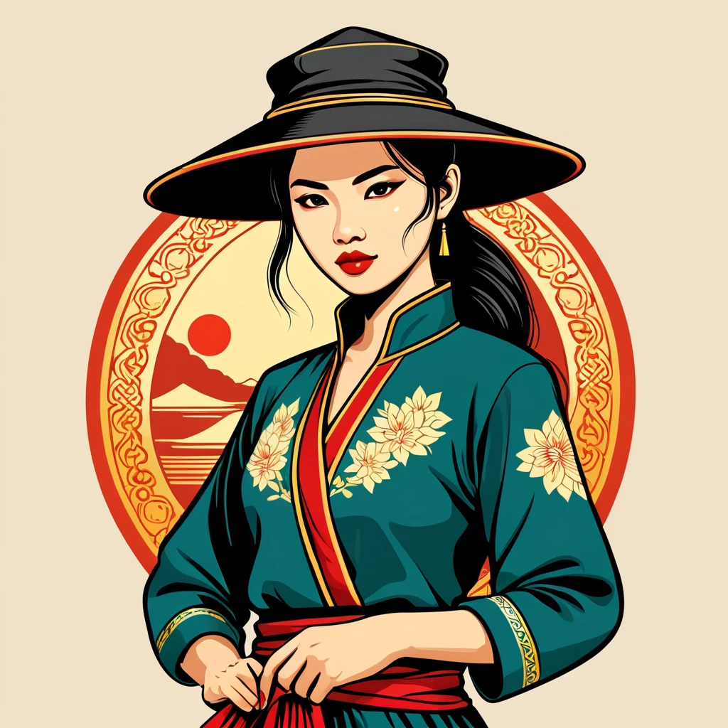 female thief in vietnamese folk outfit ,vector graphics, strong contours, logo design