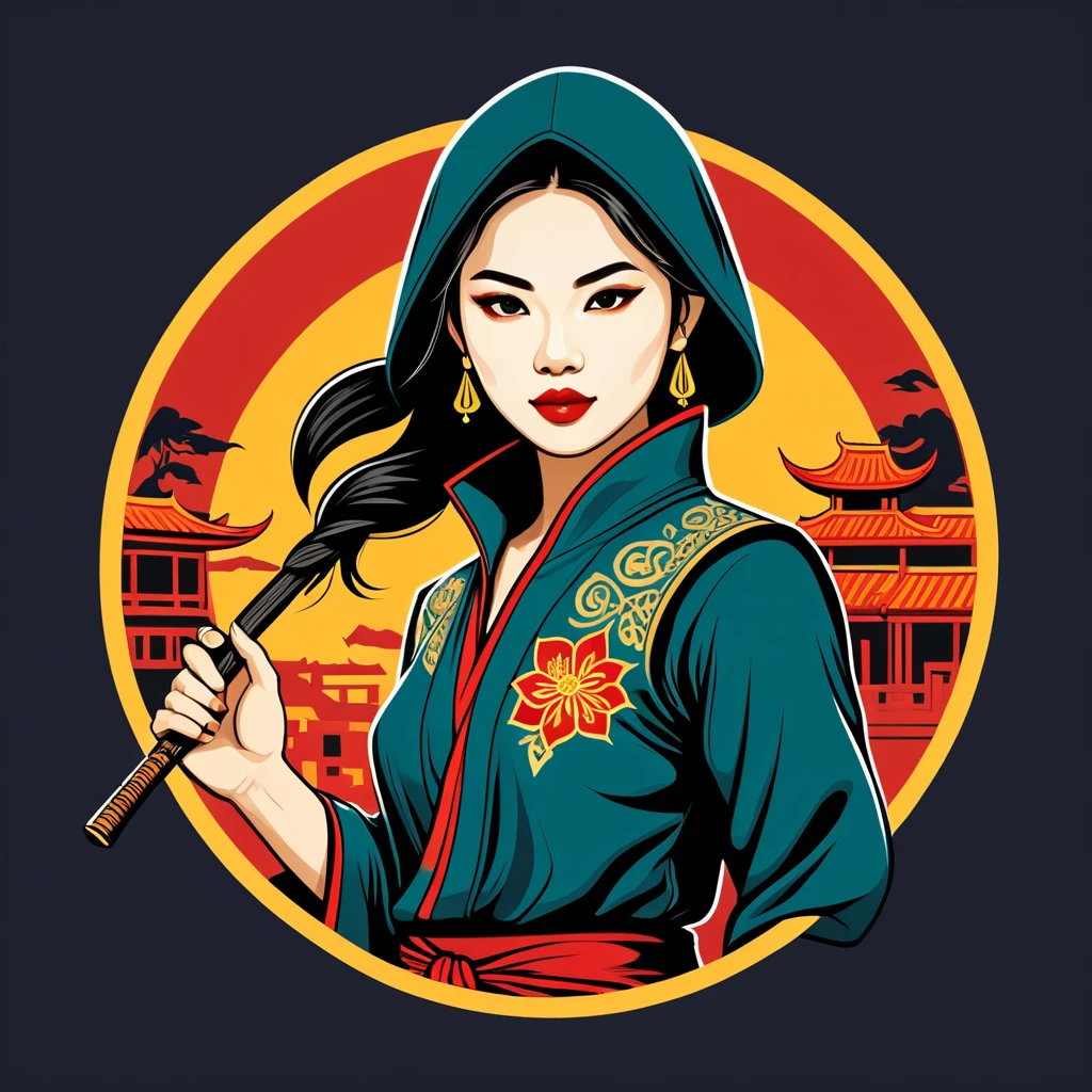 female	thief	in vietnamese folk outfit	,vector graphics, strong contours, logo design																						