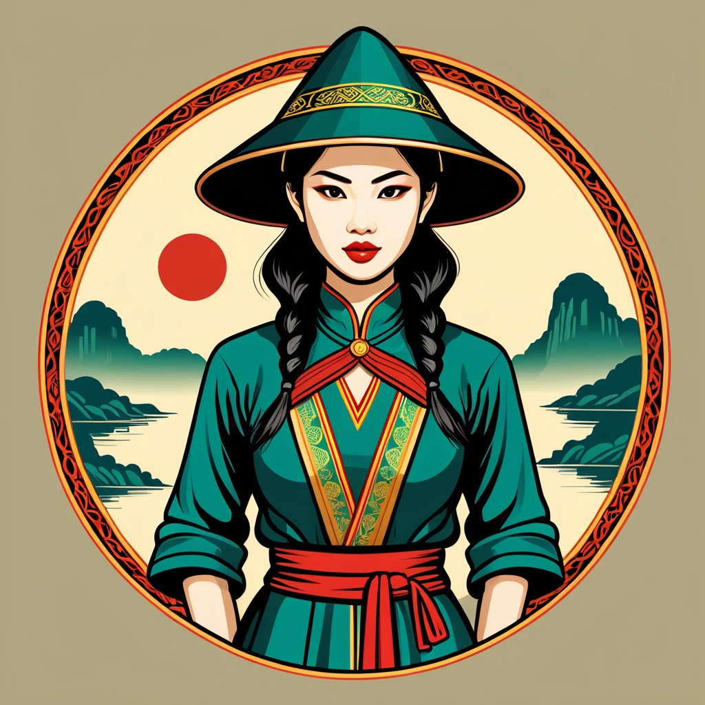 female	thief	in vietnamese folk outfit	,vector graphics, strong contours, logo design																						