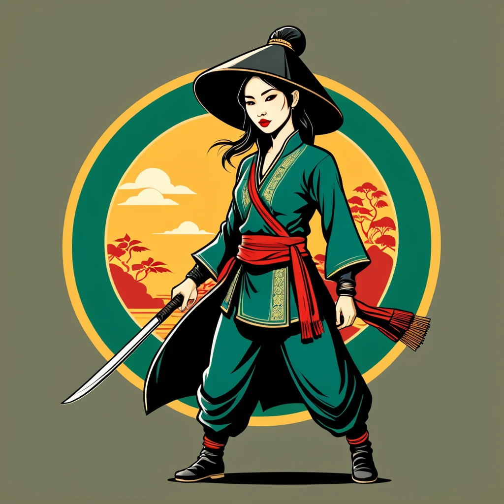 female thief in vietnamese folk outfit ,vector graphics, strong contours, logo design