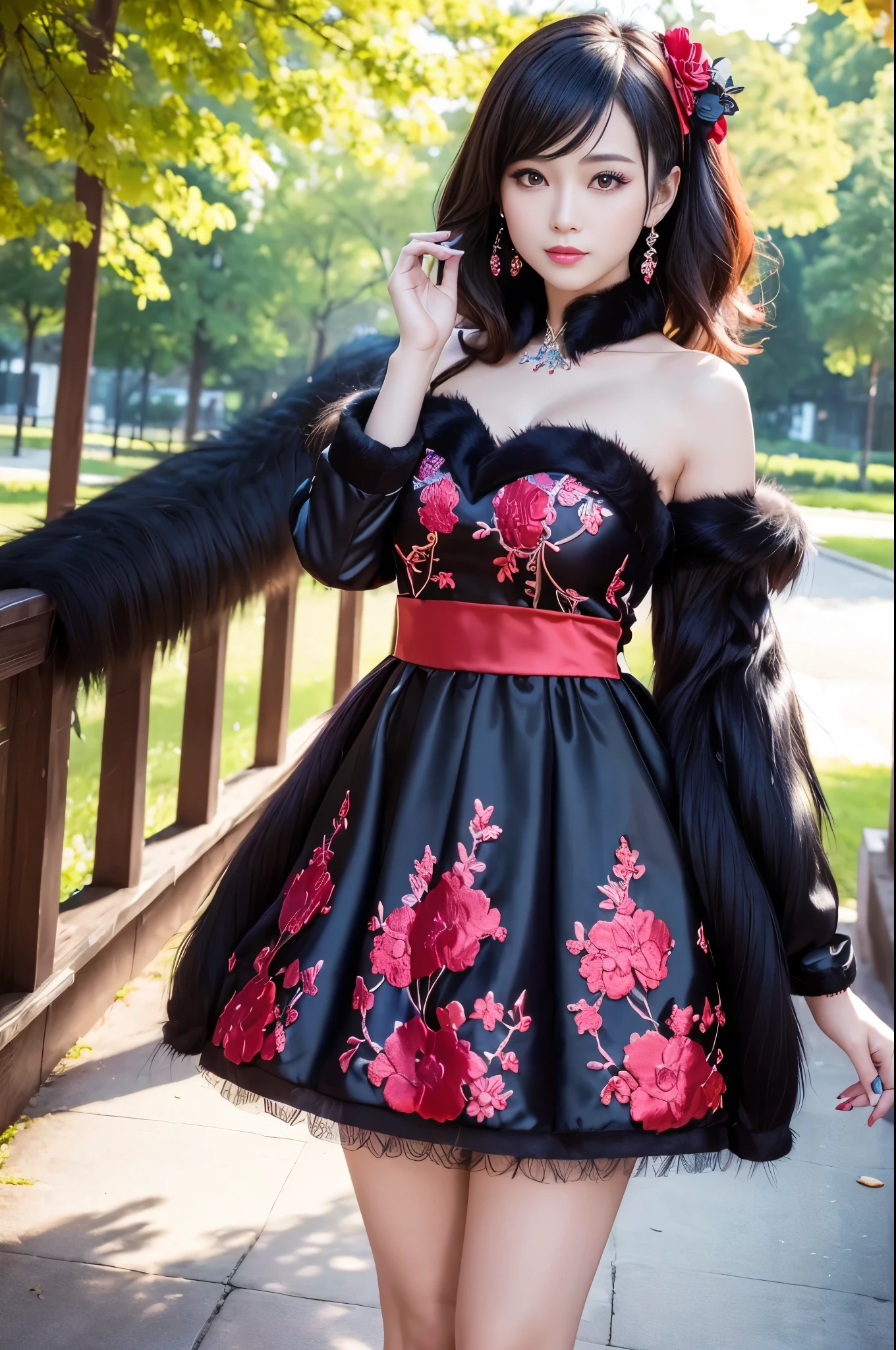 (masterpiece:1.4), (best quality:1.4), ultra high res, ultra high resolution, ((detailed facial features)), HDR, (realistic, photorealistic, photo-realistic:1.37), full body, sexy Vietnamese model, (-anime), only 1 model, vivid colors, very short hair, (beautiful smile), lip-gloss, long lashes, defined eyebrows, wearing large sparkling colorful jewelery, wearing a red silk Paradise Kiss cosplay dress with black floral embroidery, ((long fur vivid colors outfit)), vivid colors, look at the camera, cinematic light, large park background with trees, sweet and sexy pose