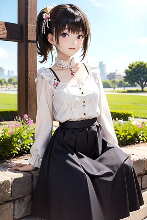 ((masterpiece, Highest quality, Very detailed)), girl, alone, Fashion Model, Girlish fashion、Female Model、flare skirt、Long skirt, Puff sleeve top、Mini Setup、Tulle items、Spring atmosphere