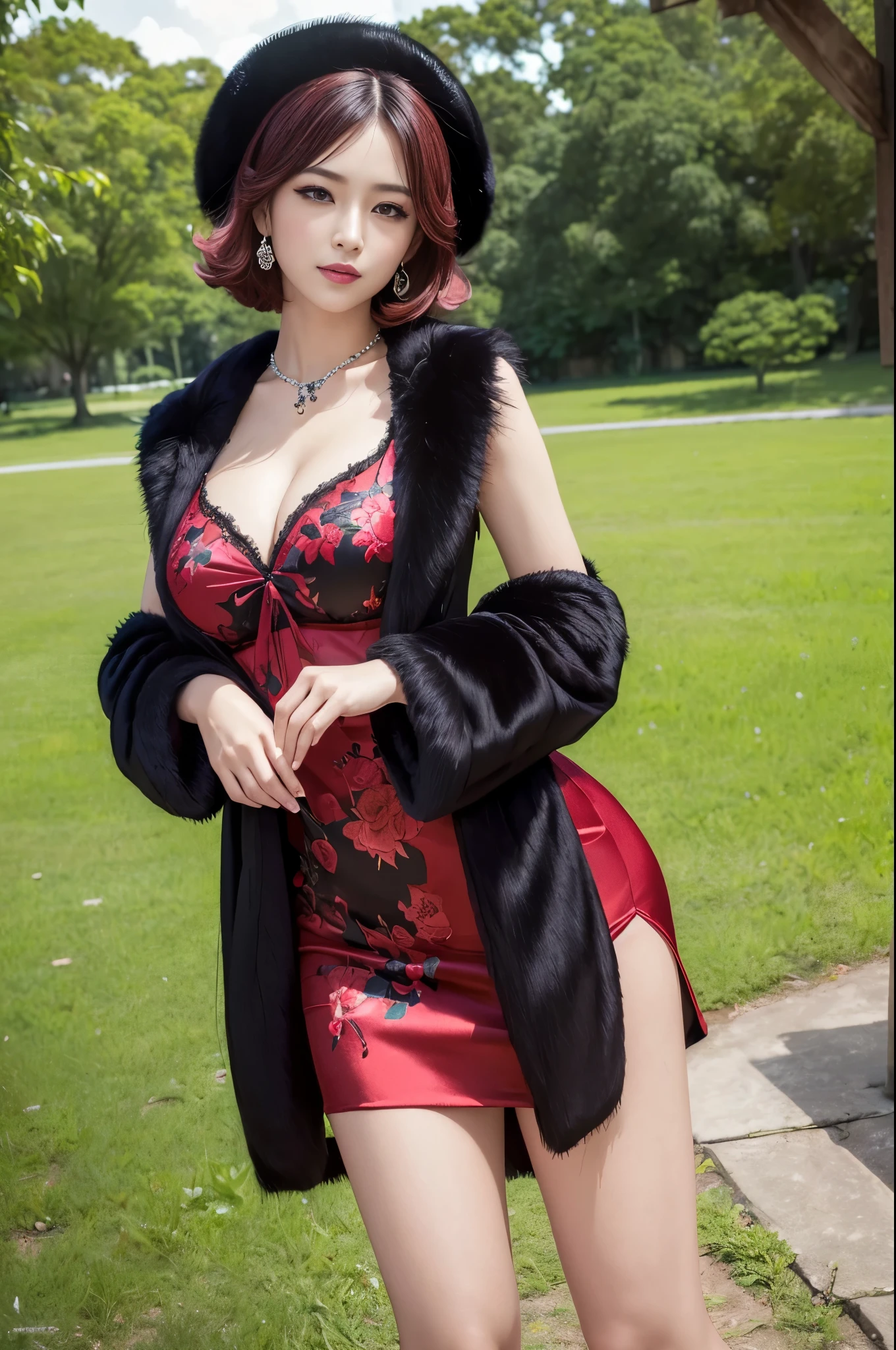 (masterpiece:1.4), (best quality:1.4), ultra high res, ultra high resolution, ((detailed facial features)), HDR, (realistic, photorealistic, photo-realistic:1.37), full body, sexy Vietnamese model, (-anime), only 1 model, vivid colors, very short hair, (beautiful smile), lip-gloss, long lashes, defined eyebrows, wearing large sparkling colorful jewelery, wearing a red silk Paradise Kiss cosplay dress with black floral embroidery, ((long fur vivid colors outfit)), vivid colors, look at the camera, cinematic light, large park background with trees, sweet and sexy pose