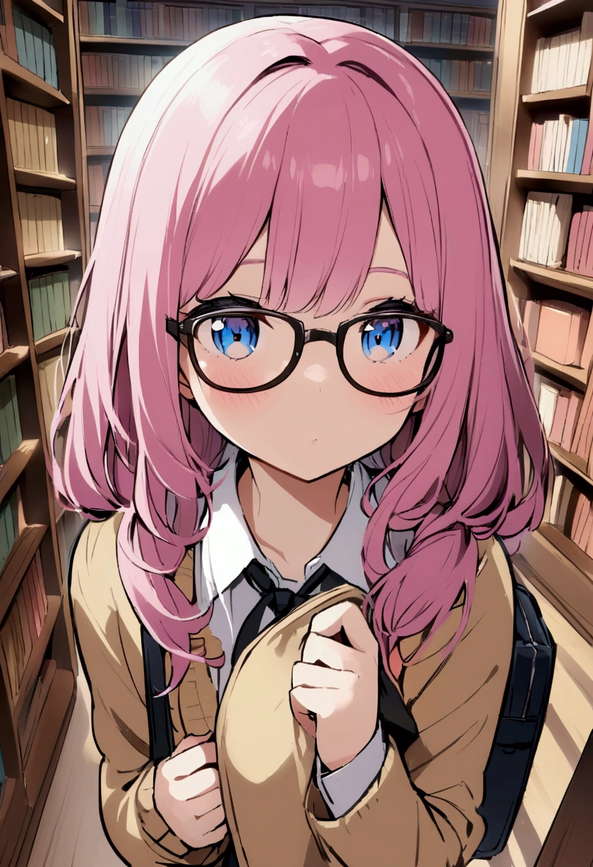 Flip the pages、girl with glasses、Girl with pink hair、blue eyes、student、library