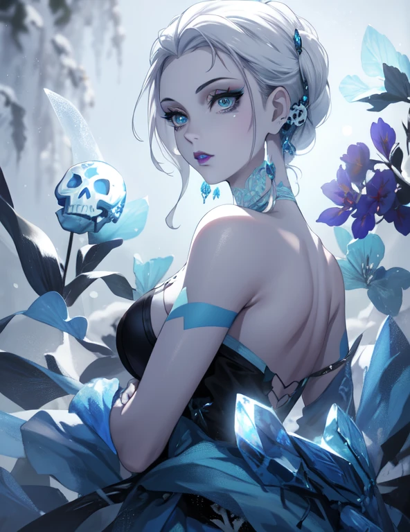 (best quality, highres, ice skull:1.1), ice skull, girl style, thick body art, detailed facial features, icy blue eyes, glossy lips, long eyelashes, porcelain skin, blue and silver color scheme, intricate skull design, realistic texture, vibrant colors, elaborate background, mysterious atmosphere, frozen garden, snow-covered trees, sparkling ice crystals, surreal lighting, fantasy elements