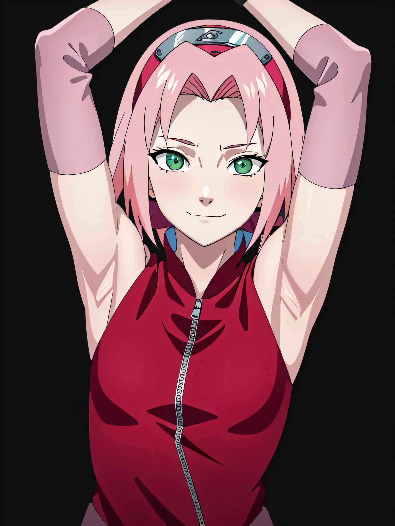 haruno sakura, pink hair, short hair, green eyes, small breasts, elbow pads, pink elbow pads, hairband, sleeveless, red shirt, toeless footwear, bandages, forehead protector, 1girl, solo, anime screencap, frontlighting, (simple background, black background, dark background:1.3), masterpiece, absurdres, hdr, soft light, best quality, detailed, highres, shiny skin, shiny hair, (looking at viewer, eye contact with viewer:1.5), smile, smug, (closed mouth:1.2), arms up, raised arms, armpits, in the center, symmetrical, upright,