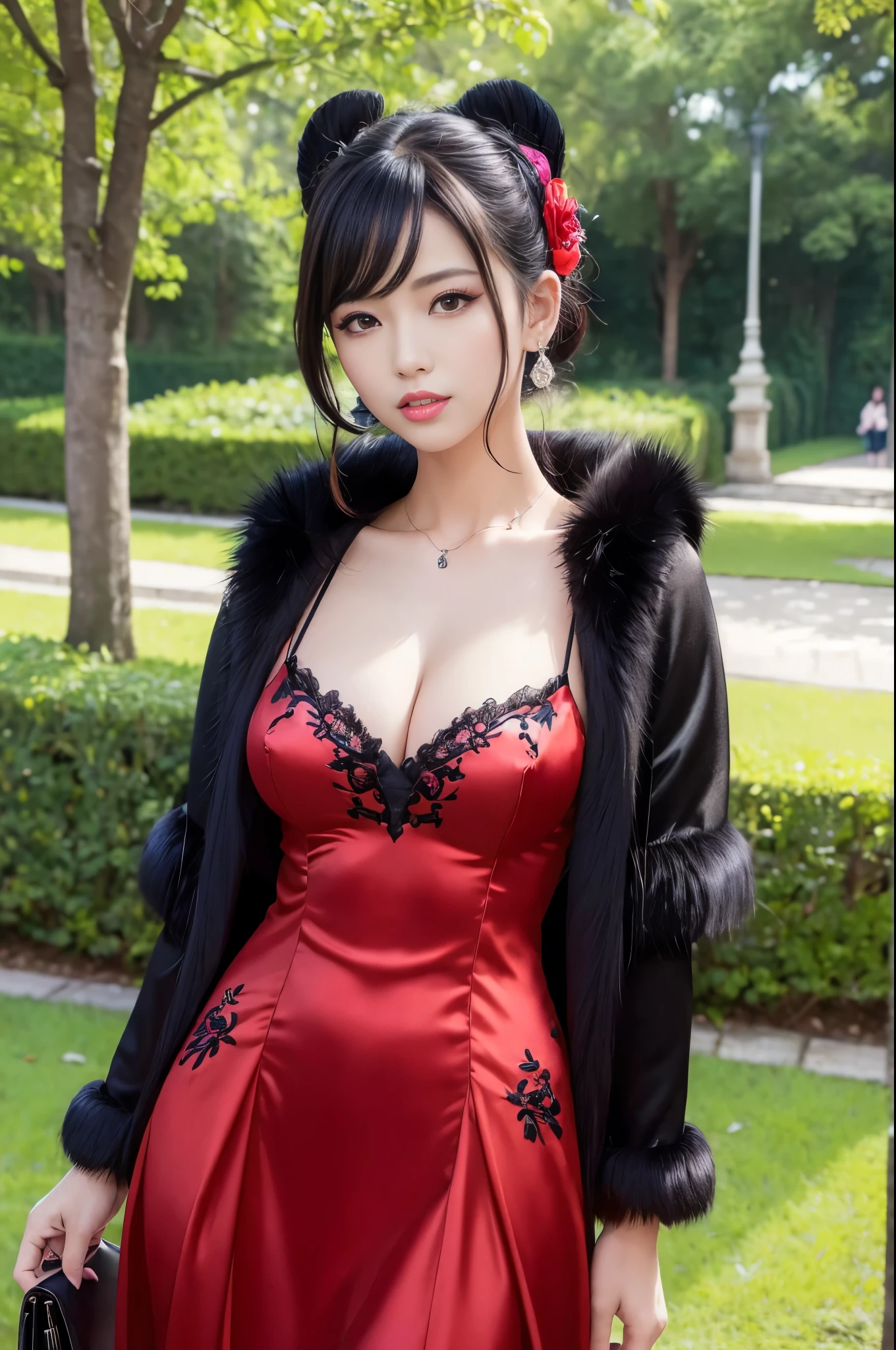 (masterpiece:1.4), (best quality:1.4), ultra high res, ultra high resolution, ((detailed facial features)), HDR, (realistic, photorealistic, photo-realistic:1.37), full body, sexy Vietnamese model, (-anime), only 1 model, vivid colors, very short hair, (beautiful smile), lip-gloss, long lashes, defined eyebrows, wearing large sparkling colorful jewelery, wearing a red silk Paradise Kiss cosplay dress with black floral embroidery, ((long fur vivid colors outfit)), vivid colors, look at the camera, cinematic light, large park background with trees, sweet and sexy pose