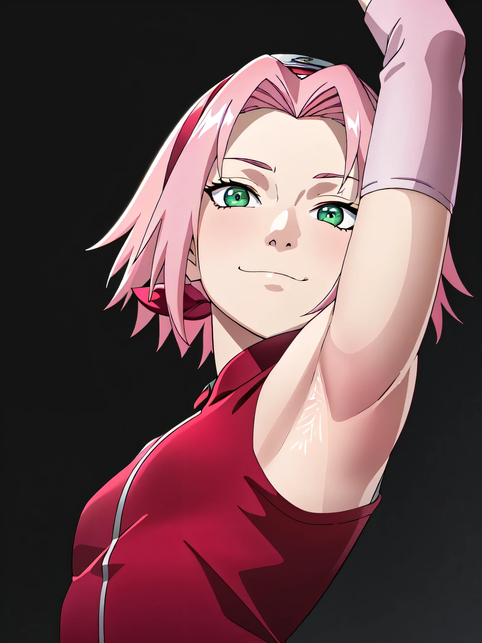 haruno sakura, pink hair, short hair, green eyes, small breasts, elbow pads, pink elbow pads, hairband, sleeveless, red shirt, toeless footwear, bandages, forehead protector, 1girl, solo, anime screencap, frontlighting, (simple background, black background, dark background:1.3), masterpiece, absurdres, hdr, soft light, best quality, detailed, highres, shiny skin, shiny hair, (looking at viewer, eye contact with viewer:1.5), smile, smug, (closed mouth:1.2), arm up, raised arm, armpit, (from side, from below:1.4)