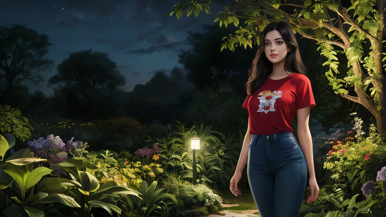 ((best quality)), ((masterpiece)), (detailed), A digital illustration of a long black haired young women standing in a garden at night, surrounded by glowing, magical plants. The girl is wearing a red t-shirt and blue jeans.