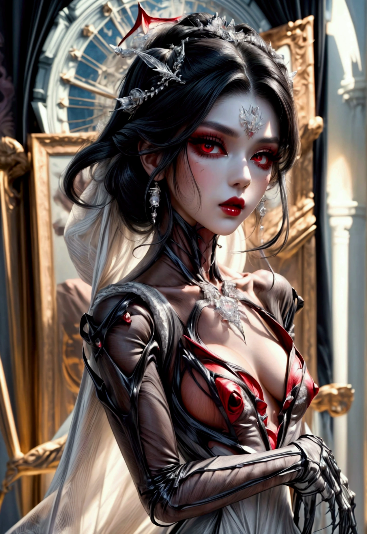 a glamour picture shot, of an elite vampire model, walking on a (dark catwalk: 1.2), an extraordinary glamourous elite female vampire model, ((full body: 1.5)),  ((anatomically correct: 1.5), (ultra detailed face: 1.2), best detailed face, black hair, long hair, lush hair, glam hair cut, red eyes, delicate face, light make up, wearing intricate white detailed dress, glamour dress, haute couture dress, elite fashion dress, white dress, decorated with diamonds,  small cleavage, wearing high heels, elegant high heels, she wears diamond necklace, elite fashion show background, vibrant, Hyperrealism style, vibrant, Ultra-high resolution, High Contrast, (masterpiece:1.5), highest quality, Best aesthetics), best details, best quality, highres, ultra wide angle, 16k, [ultra detailed], masterpiece, best quality, (extremely detailed) RAW, realistic, wearing d2c, wearing d2d, model715